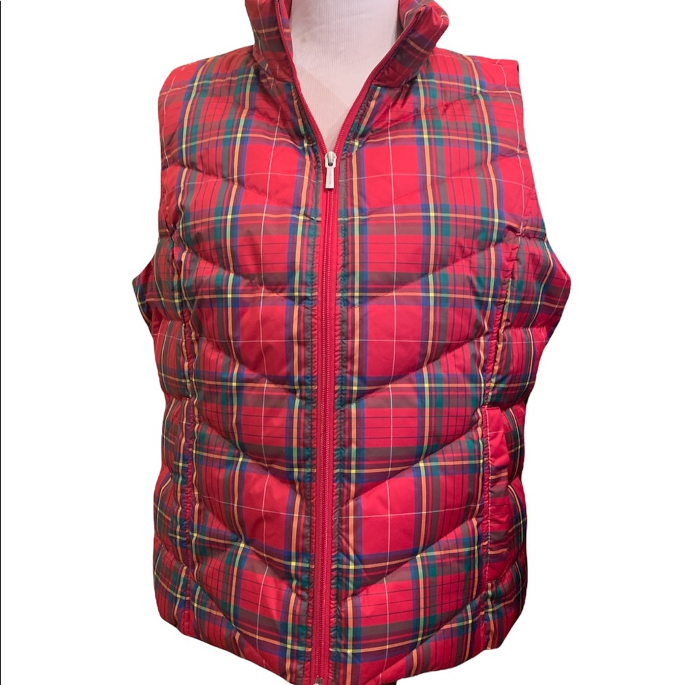 Lands End womens puffer vest Large red plaid